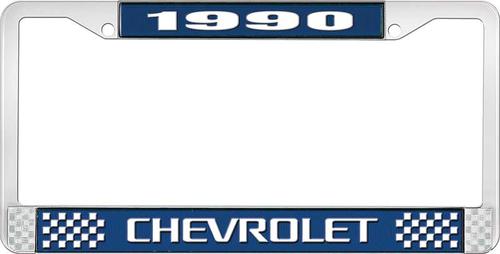 1990 Chevrolet Style # 3 Blue and Chrome License Plate Frame with White Lettering