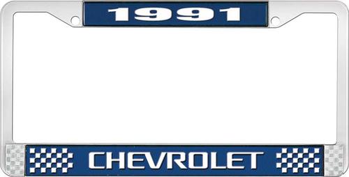 1991 Chevrolet Style # 3 Blue and Chrome License Plate Frame with White Lettering