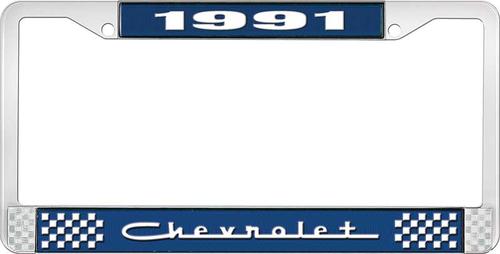 1991 Chevrolet Style # 5 Blue and Chrome License Plate Frame with White Lettering