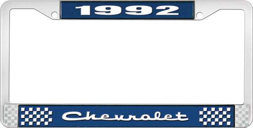 1992 Chevrolet Style # 2 Blue and Chrome License Plate Frame with White Lettering