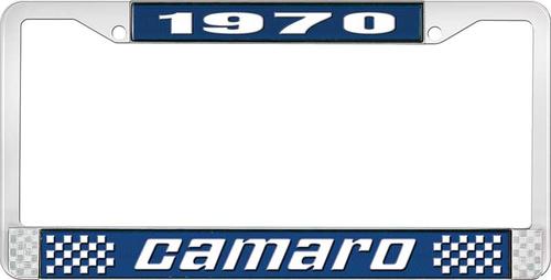 1970 Camaro Style #2 License Plate Frame - Blue and Chrome with White Lettering