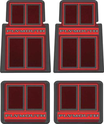 1960-1976 Plymouth; Custom Carpeted Floor Mat Set; Plymouth Logo; Red; 4 Piece Set