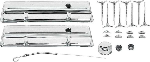 Chevrolet Engine Dress-Up Set; Small Block; Low Profile Valve Covers; T-Bolts; Chrome