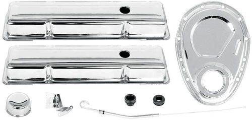 Chevrolet Engine Dress-Up Set; Small Block; Low Profile Valve Covers; Timing Cover; Chrome