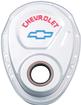 Chevrolet 265-400 Small Block Bow Tie Timing Cover with Gray Finish, Blue Bow Tie and Red Letters