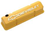 1958-86 Slant-Edge Die-Cast Aluminum Valve Covers - Bowtie - Yellow w/ Milled Emblem