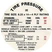 1968 Impala Convertible Tire Pressure Decal (Canada Model With 8.25X14 Tires)
