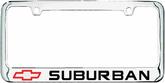 Engraved Chrome License Plate Frame with Red Bow Tie Logo and Black Suburban Block Lettering