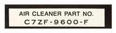 1967 Mustang Air Cleaner Part Number Decal