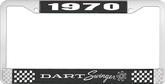 1970 Dart Swinger License Plate Frame - Black and Chrome with White Lettering