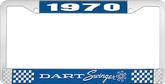 1970 Dart Swinger License Plate Frame - Blue and Chrome with White Lettering