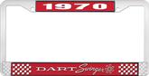 1970 Dart Swinger License Plate Frame - Red and Chrome with White Lettering