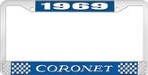 1969 Coronet License Plate Frame - Blue and Chrome with White Lettering