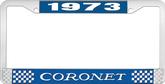 1973 Coronet License Plate Frame - Blue and Chrome with White Lettering