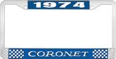 1974 Coronet License Plate Frame - Blue and Chrome with White Lettering