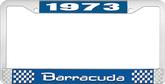 1973 Barracuda License Plate Frame - Blue and Chrome with White Lettering