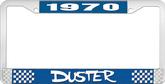 1970 Duster License Plate Frame - Blue and Chrome with White Lettering 