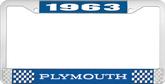 1963 Plymouth License Plate Frame - Blue and Chrome with White Lettering 