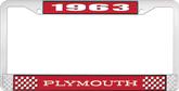 1963 Plymouth License Plate Frame - Red and Chrome with White Lettering 