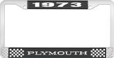 1973 Plymouth License Plate Frame - Black and Chrome with White Lettering