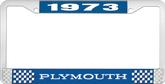 1973 Plymouth License Plate Frame - Blue and Chrome with White Lettering