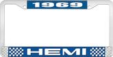 1969 Hemi License Plate Frame - Blue  and Chrome with White Lettering 