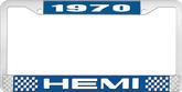 1970 Hemi License Plate Frame - Blue and Chrome with White Lettering 