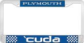 Plymouth 'Cuda; License Plate Frame; Blue And Chrome With White Lettering