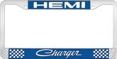 Hemi Charger; License Plate Frame; Blue And Chrome With White Lettering