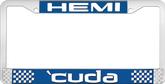 Hemi 'Cuda; License Plate Frame; Blue And Chrome With White Lettering