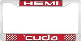 Hemi 'Cuda; License Plate Frame; Red And Chrome With White Lettering