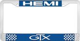 Hemi GTX; License Plate Frame; Blue And Chrome With White Lettering