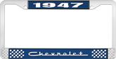 1947 Chevrolet Style #5 Blue and Chrome License Plate Frame with White Lettering