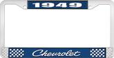 1949 Chevrolet Style #4 Blue and Chrome License Plate Frame with White Lettering