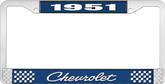 1951 Chevrolet Style #4 Blue and Chrome License Plate Frame with White Lettering