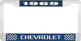 1969 Chevrolet Style # 3 Blue and Chrome License Plate Frame with White Lettering