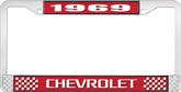 1969 Chevrolet Style # 3 Red and Chrome License Plate Frame with White Lettering