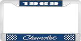 1969 Chevrolet Style # 4 Blue and Chrome License Plate Frame with White Lettering
