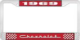 1969 Chevrolet Style # 5 Red and Chrome License Plate Frame with White Lettering