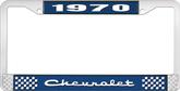 1970 Chevrolet Style # 2 Blue and Chrome License Plate Frame with White Lettering