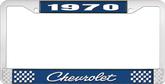 1970 Chevrolet Style # 4 Blue and Chrome License Plate Frame with White Lettering