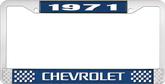 1971 Chevrolet Style # # Blue and Chrome License Plate Frame with White Lettering