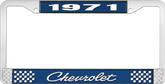 1971 Chevrolet Style # 4 Blue and Chrome License Plate Frame with White Lettering