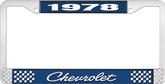 1978 Chevrolet Style # 4 Blue and Chrome License Plate Frame with White Lettering