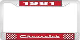 1981 Chevrolet Style # 2 Red and Chrome License Plate Frame with White Lettering
