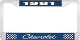 1981 Chevrolet Style # 4 Blue and Chrome License Plate Frame with White Lettering