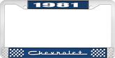 1981 Chevrolet Style # Blue and Chrome License Plate Frame with White Lettering