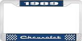 1989 Chevrolet Style # 2 Blue and Chrome License Plate Frame with White Lettering