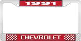 1991 Chevrolet Style # 3 Red and Chrome License Plate Frame with White Lettering