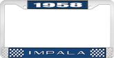 1958 Impala Style #2 Blue and Chrome License Plate Frame with White Lettering